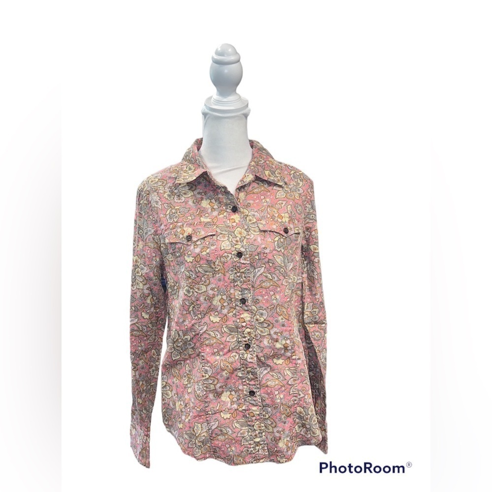 Liz Claiborne Pink Paisley Floral Button Down Shirt Long Sleeve Cotton Blouse M